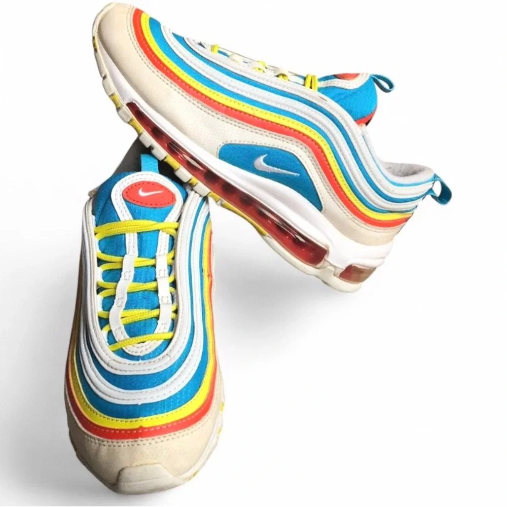 Nike Air Max 97 Shoes Youth Size 5Y White Blue Red Yellow GS Retro Running.